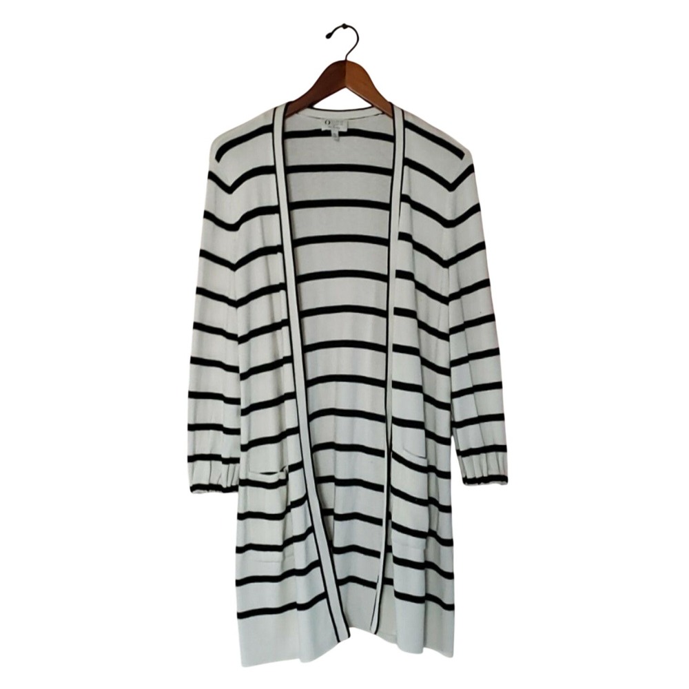 Talbots Cardigan Sweater Womens Petite Medium White Striped Open Front Pockets